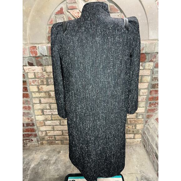 Coat wool charcoal teal pink blue high neck leather trim - Picture 3 of 14